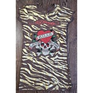 Ed Hardy Y2K Brown Striped Love Kills Slowly Skull Rhinestone Shirt Medium